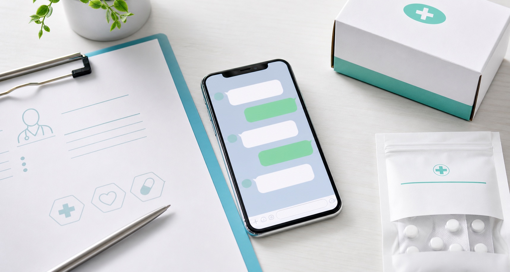 スマホでオンライン診療を受け、処方薬を配送で受け取るイメージ
